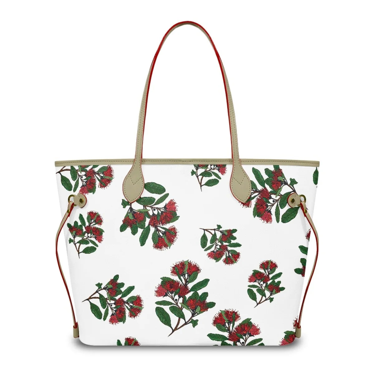 White leather tote bag with Ohia Lehua floral print, beige straps, and red accents. Trendy luxury women's handbag.
