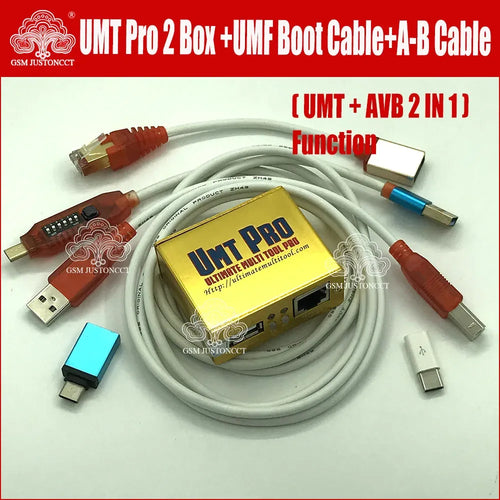 UMT Pro 2 box with multi-boot cable set, yellow device and mixed USB connectors