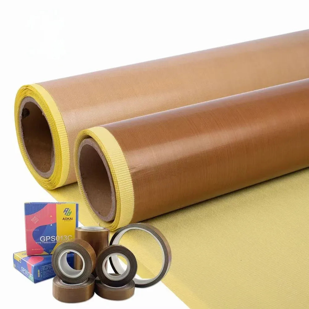 Brown PTFE coated glass cloth tape roll with yellow edge strip and adhesive backing
