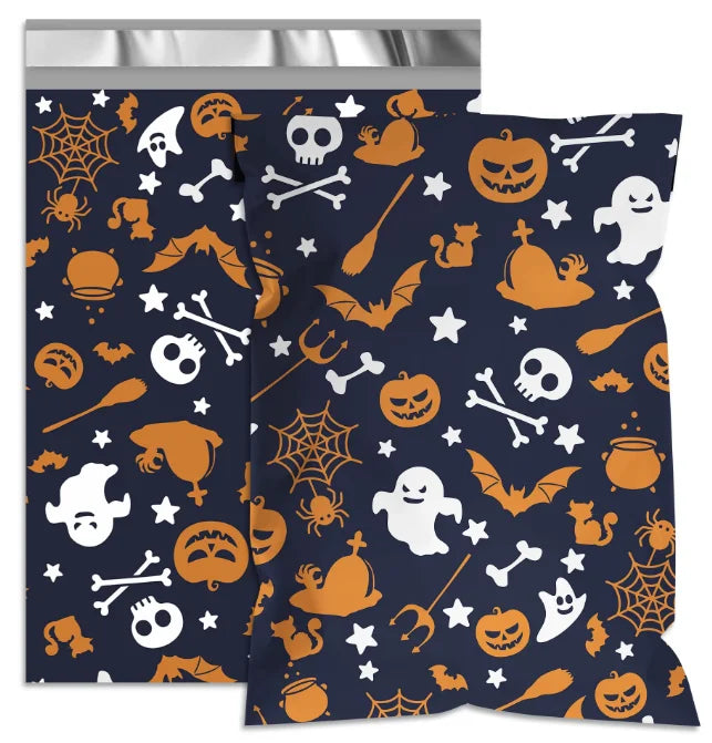 Navy Halloween poly mailer with skulls, pumpkins, ghosts, bats and candy icons pattern