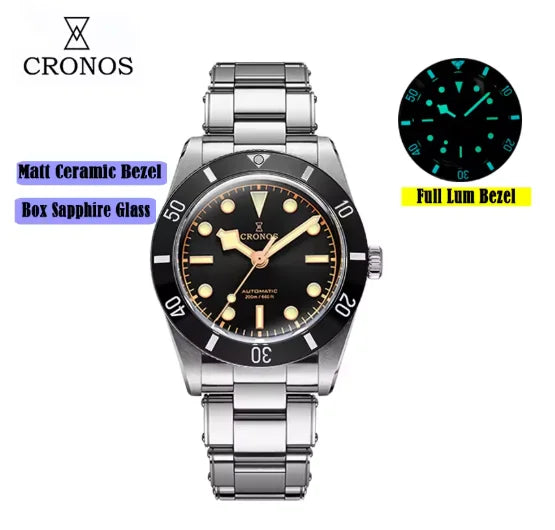 CRONOS Men Automatic Watch 37mm Mechanical Wristwatch Sapphire Diver 20ATM Waterproof BGW-9 Luminous PT5000 SW200 Ceramic Bezel