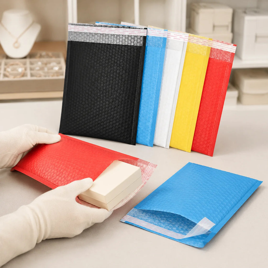 Hand holding bubble mailer envelopes, including black, red, and blue padded bags