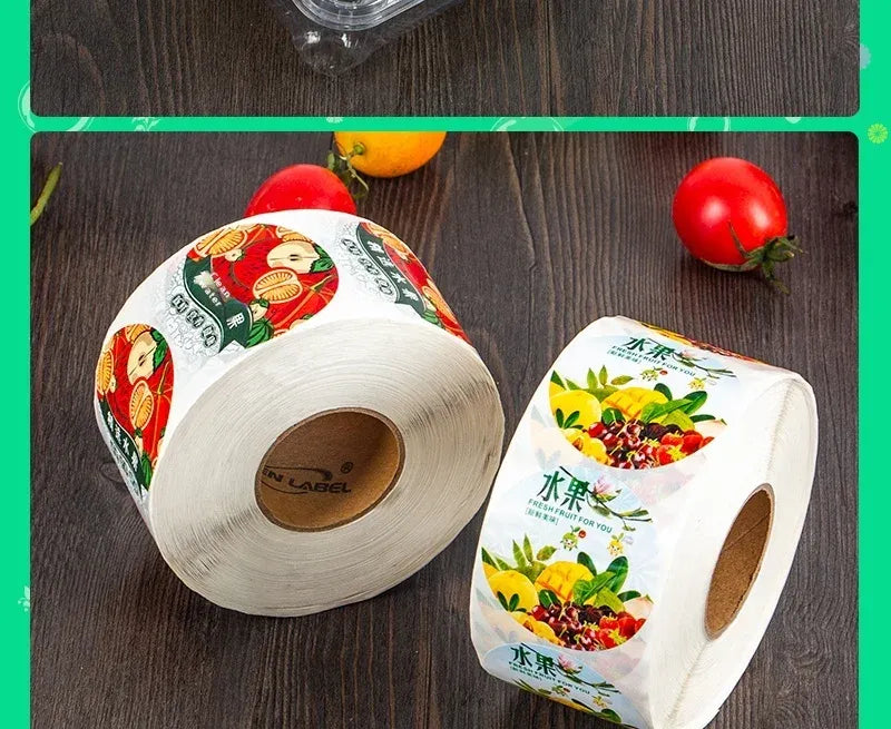 Adhesive label sticker roll with vegetable bowl and herb printed circular labels