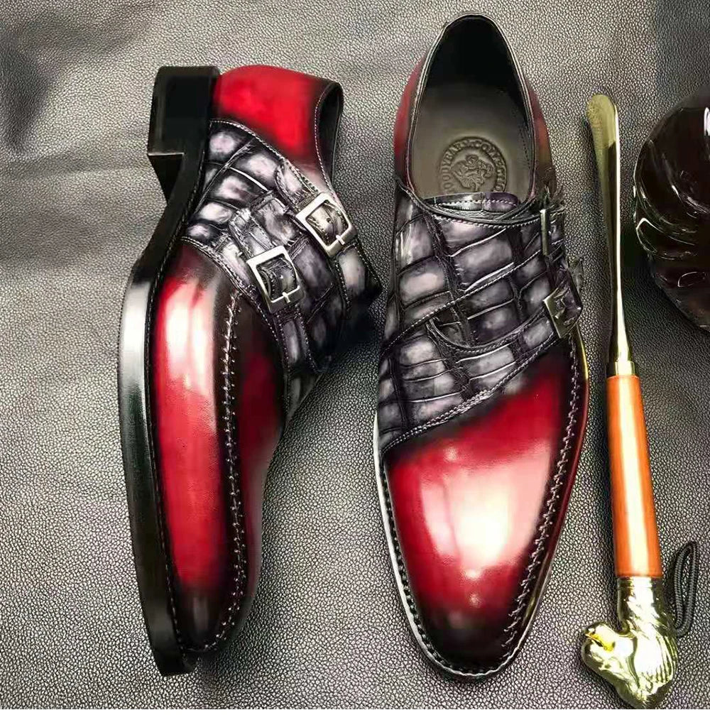 TAIJIHUO Mens Premium Closed Toe Monk Strap Shoes Comfort Buckle Strap Patchwork Pattern
