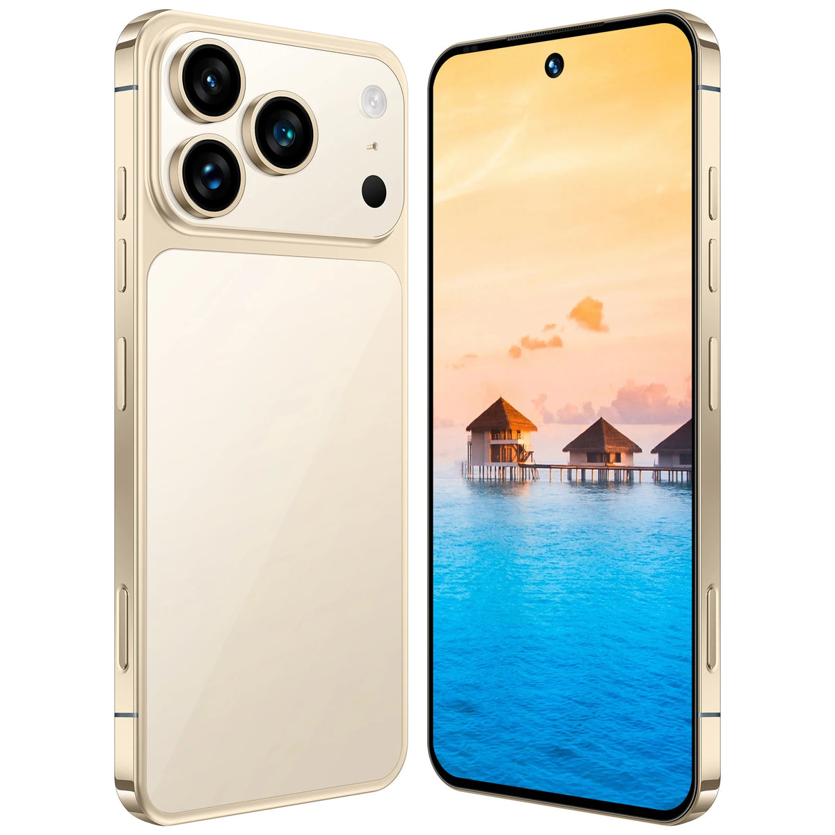 Gold smartphone with rear triple-camera and front screen showing waterfront scene