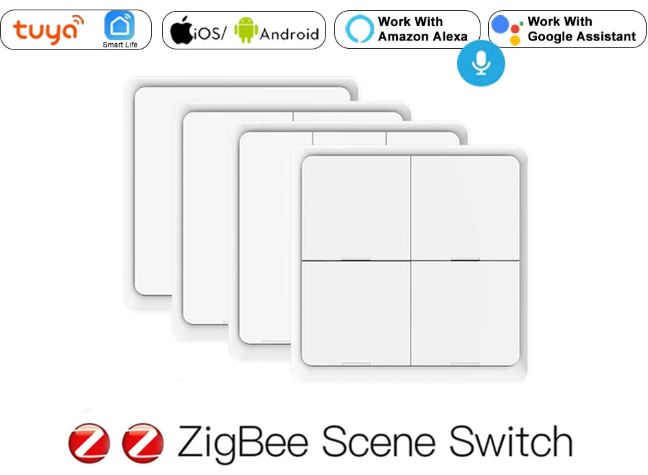 ZigBee Wireless 4 Gang 12 Scene Tuya Switch Push Button Controller Battery Powered Automation Scenario Work Alexa Google Home
