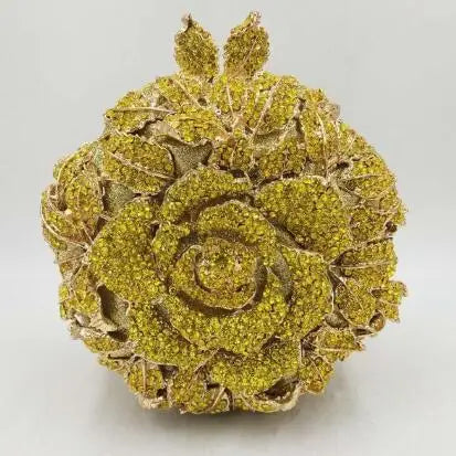 Yellow crystal rose evening clutch bag, designer luxury wedding handbag with rhinestone floral details.