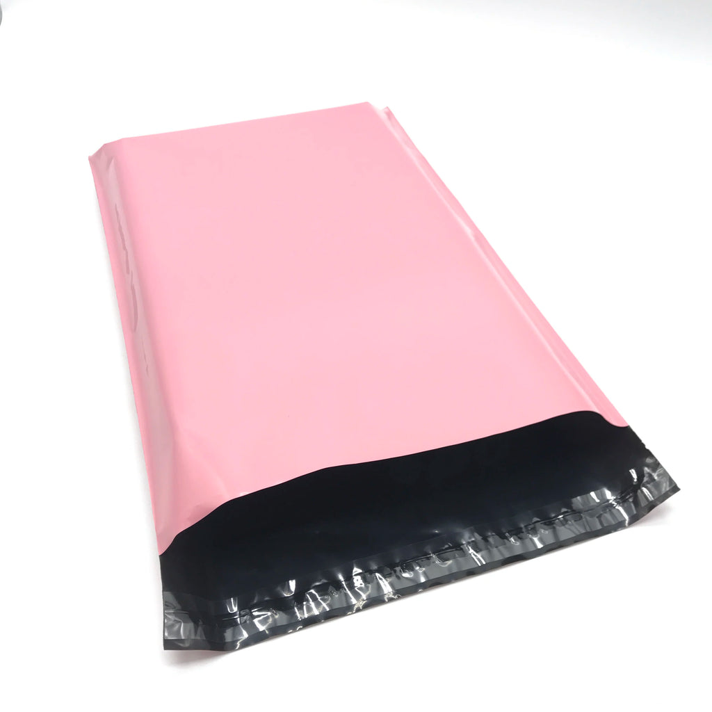 Pink plastic self-adhesive poly mailer bag with black sealed bottom edge