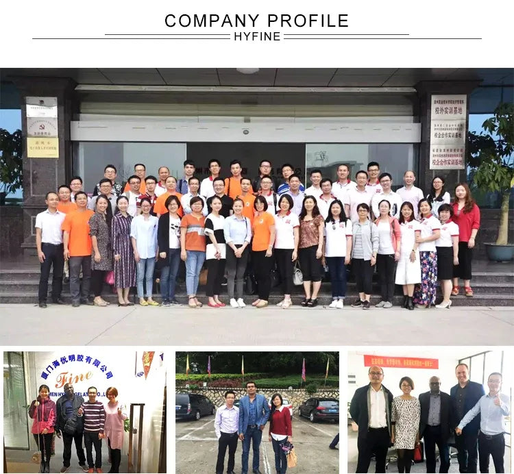 Company group photo and collage banner labeled H Y F I N E