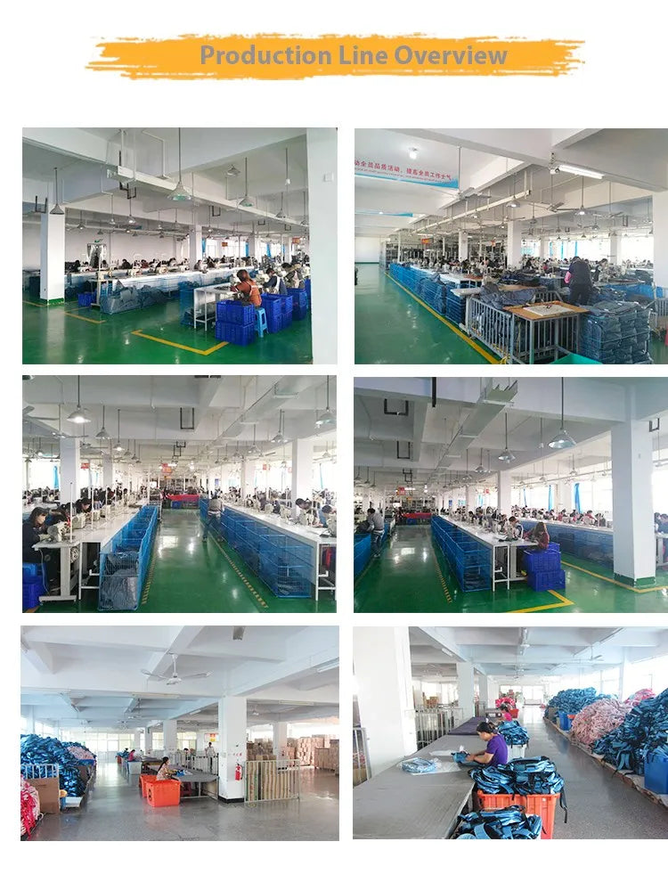 Large textile manufacturing facility featuring assembly lines, workers, and stacks of trunks and bags in production.