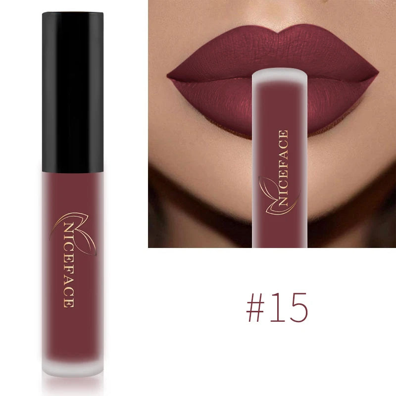 NICEFACE waterproof velvet matte liquid lipstick in dark red shade #15 with long-lasting pigment and smooth finish.