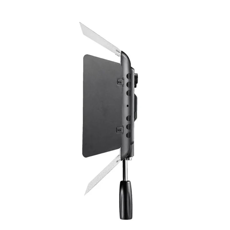 Rectangular LED video light with adjustable silver barn doors and a black handle for handheld studio lighting.