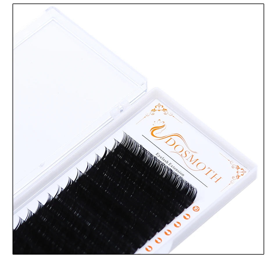 Black synthetic eyelash extensions in a clear plastic storage case with labeled 16mm length rows.