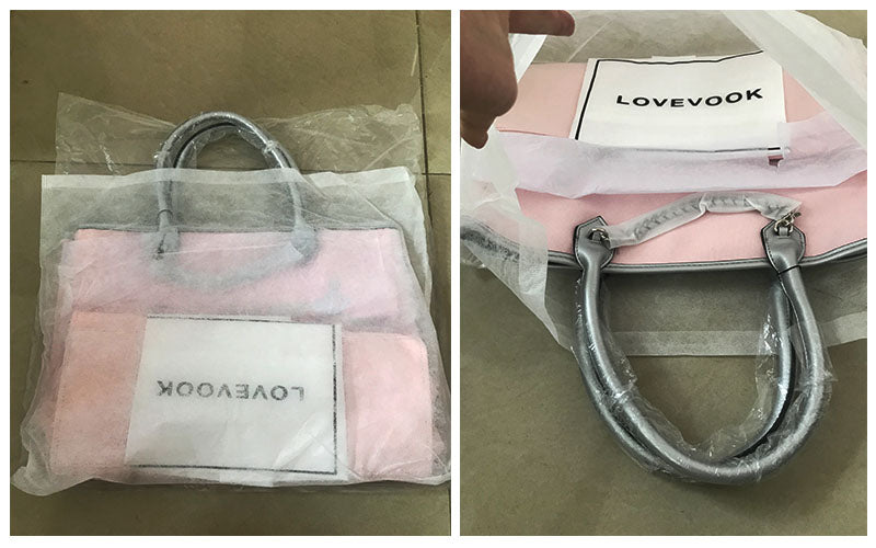 LOVEVOOK designer pink PU leather tote bag with silver handles, elegant large shoulder handbag in protective packaging.