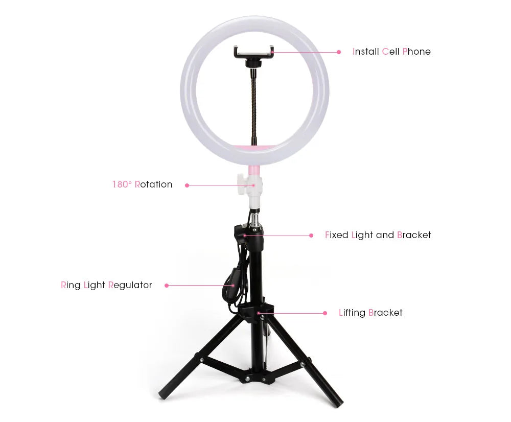 LED ring light on a black adjustable tripod stand with a phone holder, featuring a light regulator and rotation pivot.