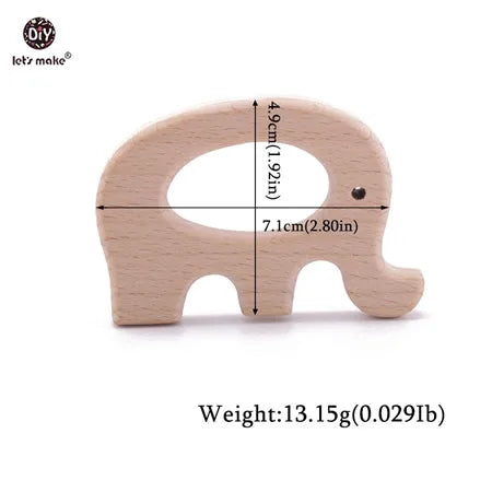 Natural wood elephant baby teething toy in beige for soothing infant gums.