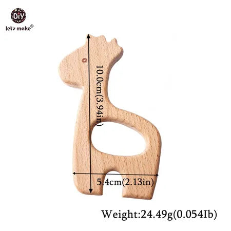 Natural wood giraffe baby teething toy in tan, perfect for soothing infant teething pain.