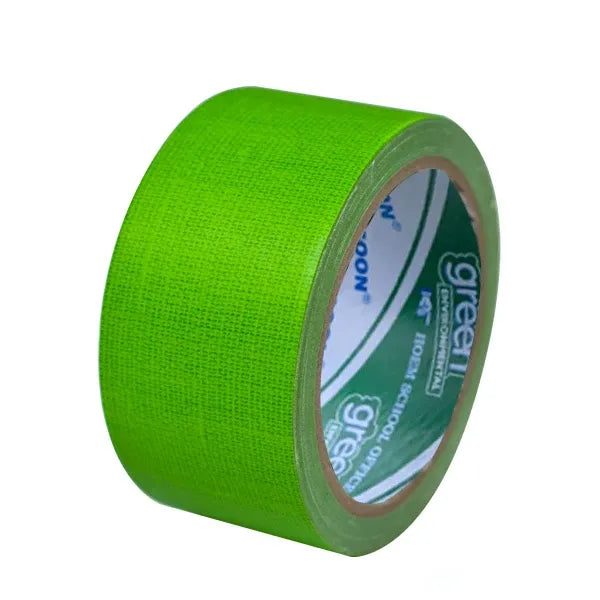 Bright green cloth tape roll with inner core visible on circular roll