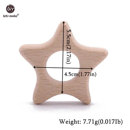 Natural wood star baby teething toy in beige for safe teething relief.