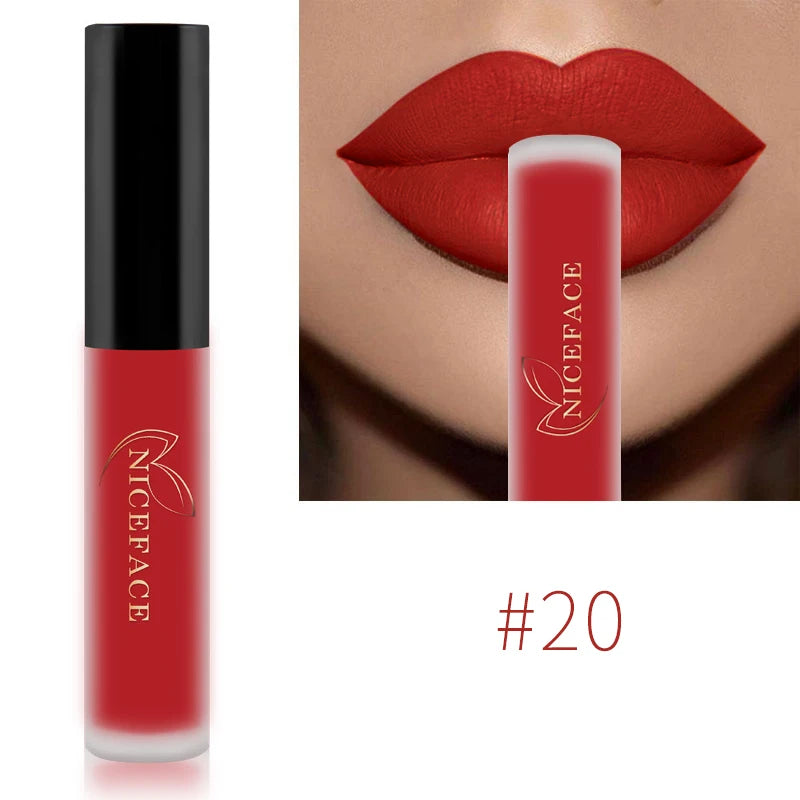 NICEFACE waterproof velvet matte liquid lipstick in bold red, shade #20, featuring pigment-rich coverage.