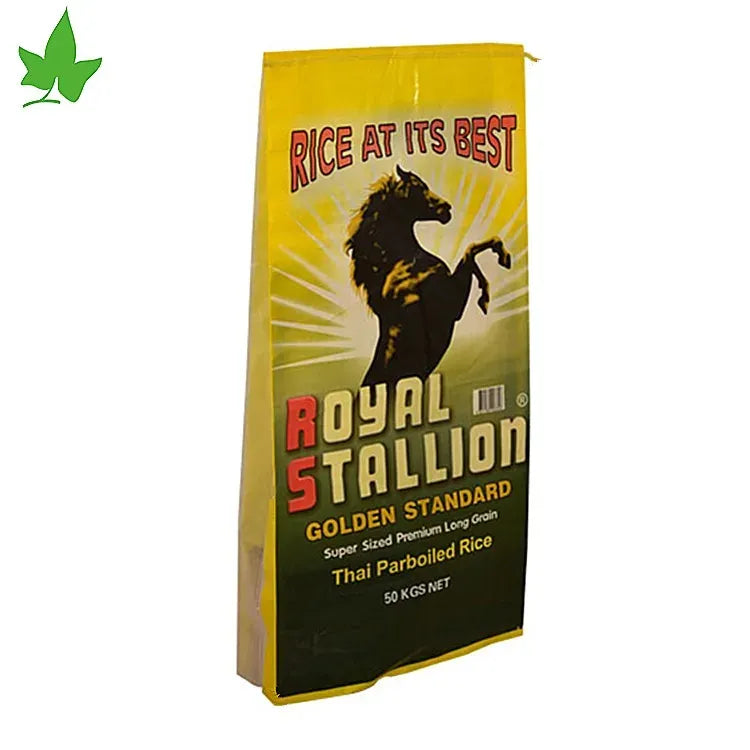 Yellow rice packaging bag with horse silhouette, Royal Stallion text and 50 kg net