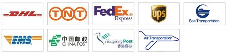 Logos of shipping and courier services including DHL, TNT, FedEx, UPS, EMS, China Post, and air and sea freight options.