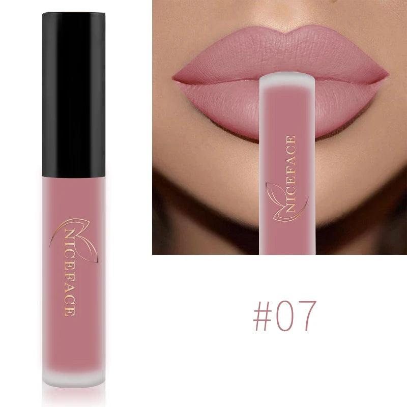 NICEFACE #07 nude matte liquid lipstick, long-lasting velvet lip tint with smooth, waterproof finish.