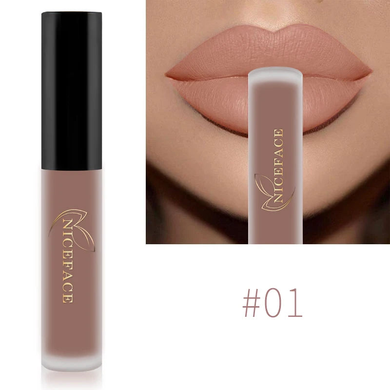 NICEFACE waterproof velvet matte liquid lipstick in nude shade #01, showing a smooth, pigmented finish on lips.
