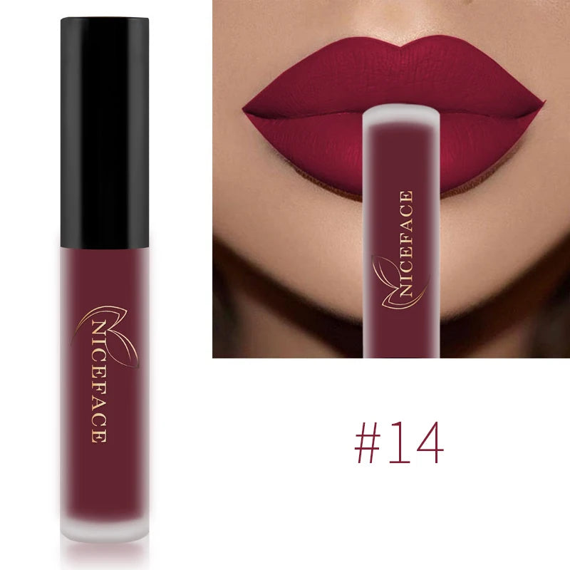 NICEFACE waterproof velvet matte liquid lipstick #14, deep red pigment, long-lasting smudge-proof lip tint.