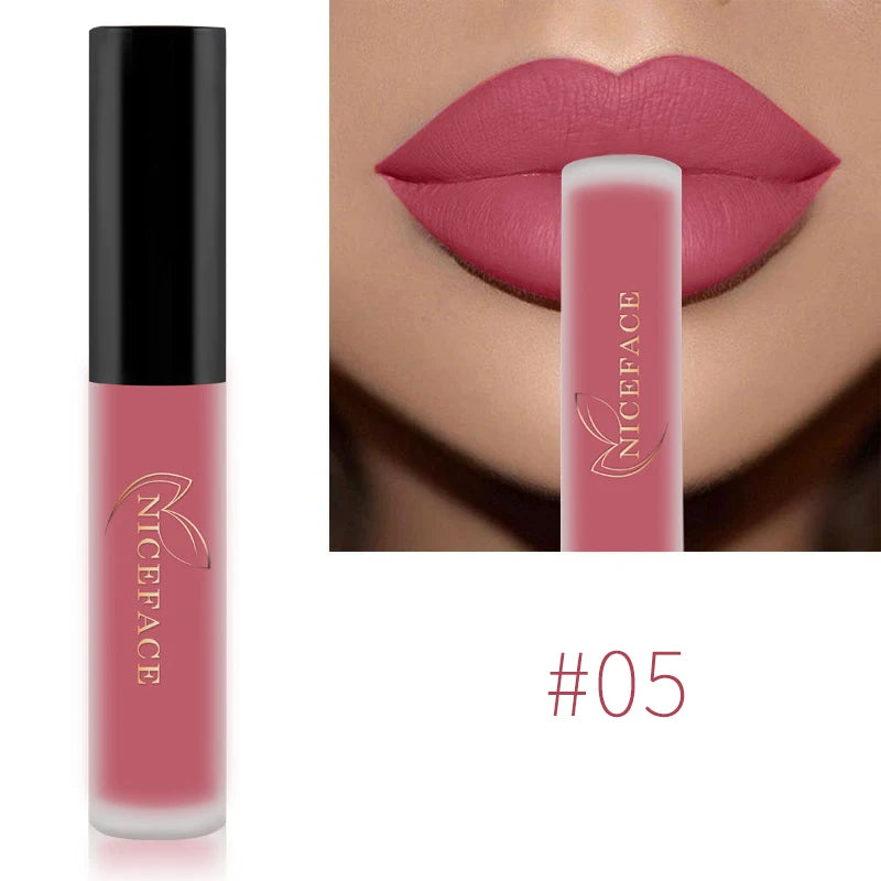 NICEFACE velvet matte liquid lipstick in shade #05, a waterproof pink nude lip tint with a smooth, pigment-rich finish.
