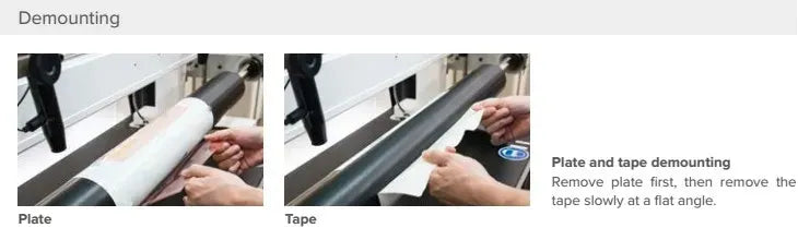 Instruction graphic showing tape removal from plate, white