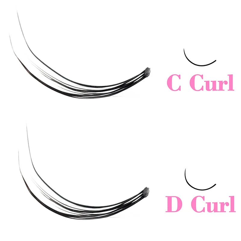 Black mink eyelash extension clusters showing C-curl and D-curl variations for professional makeup application.