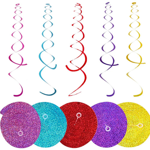 Colorful hanging swirl decorations set with glitter spiral streamers and round caps (6 colors)