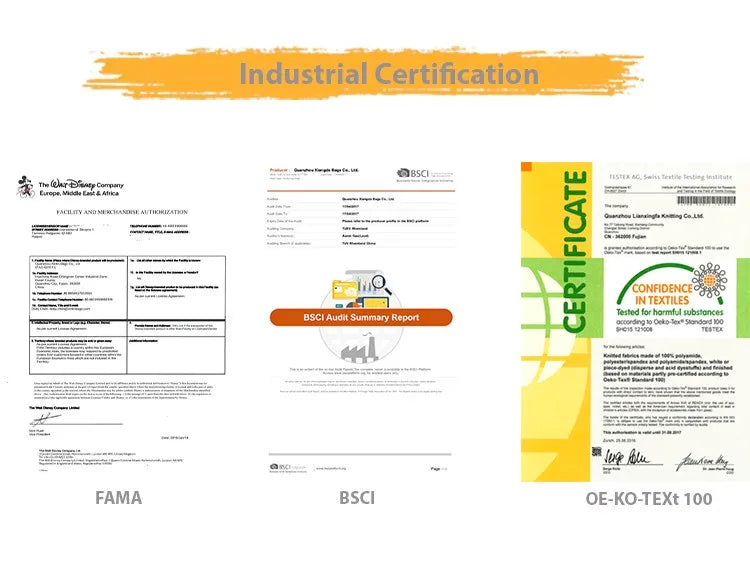 FAMA, BSCI, and Oeko-Tex industrial certifications for handbag manufacturing quality and compliance.