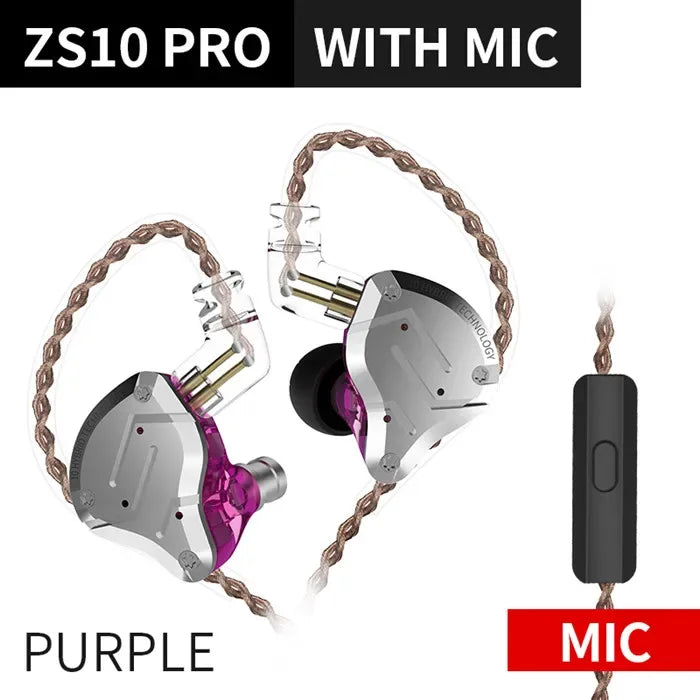 KZ ZS10 Pro 5-Driver Hybrid Hi-Fi In-Ear Monitors by Tidesmit ZS10 Pro Purple Mic Tidesmit