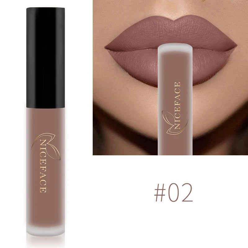 NICEFACE #02 nude matte liquid lipstick, waterproof velvet lip tint, long-lasting pigment on lips, tube packaging.