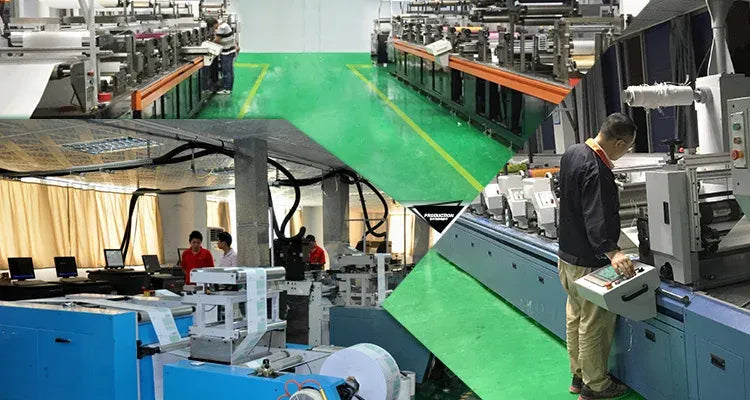 Label printing production line inside a factory with machines and workers