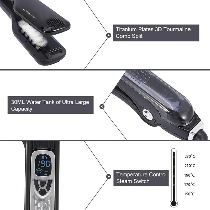 Black steam hair straightener with titanium tourmaline plates, 30ml water tank, and digital temperature control.