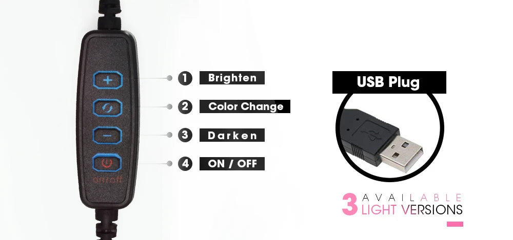 Black USB light controller with four buttons for brightness, color, and power, and a standard USB-A plug.
