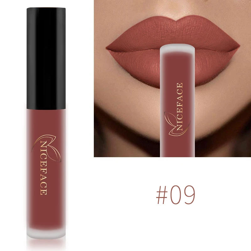 NICEFACE waterproof matte liquid lipstick in shade #09, featuring a velvet nude brown finish on lips and product tube.