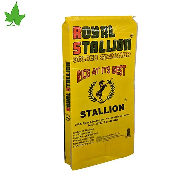 Yellow rice packaging bag angled view with Royal Stallion logo and brand details
