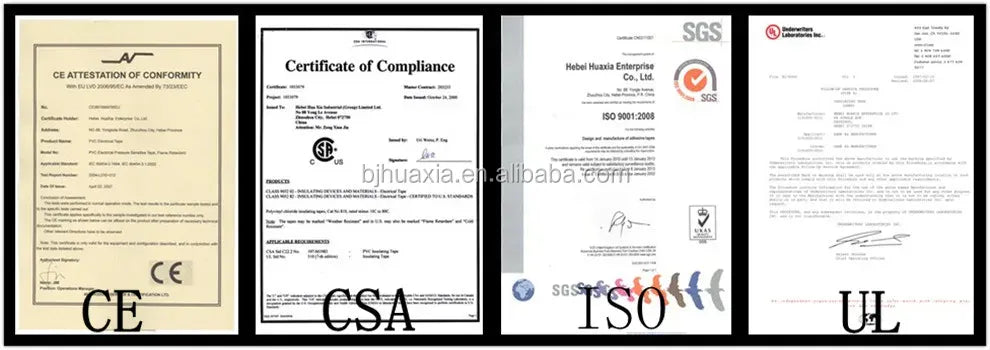 Set of compliance documents showing CE, CSA, ISO, and UL certificate pages