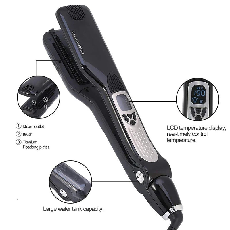 Black steam hair straightener with titanium plates, water tank, brush attachment, and LCD temperature display.