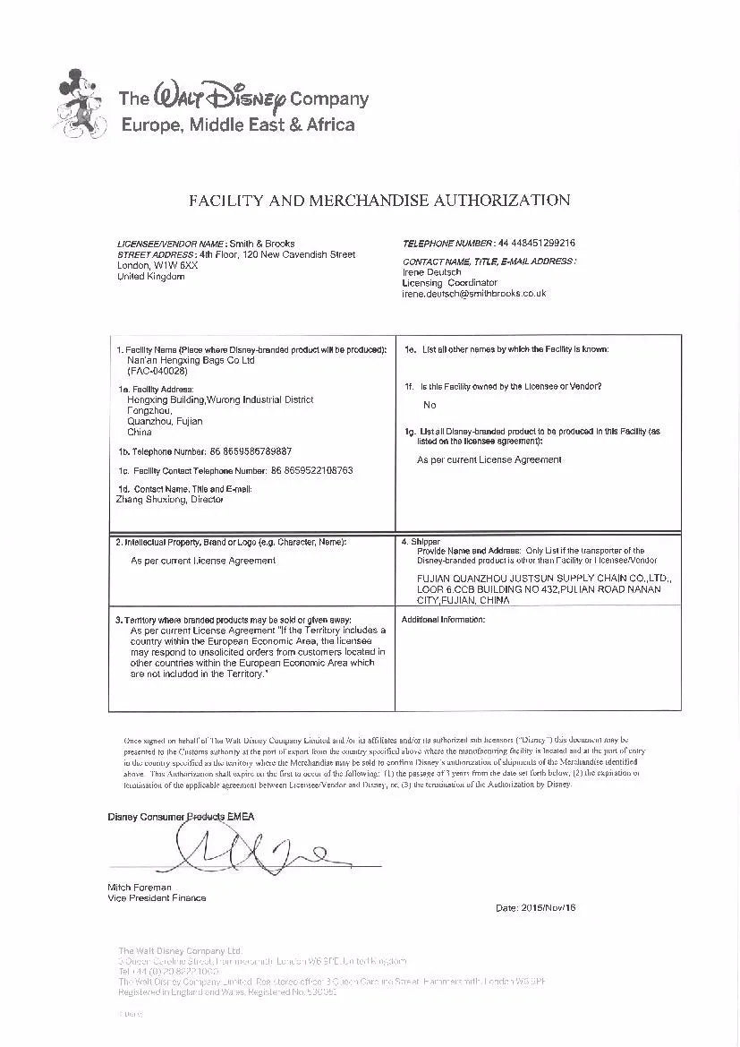 This image shows a formal Disney Facility and Merchandise Authorization document for Nan'an Hengxing Bags Co Ltd.