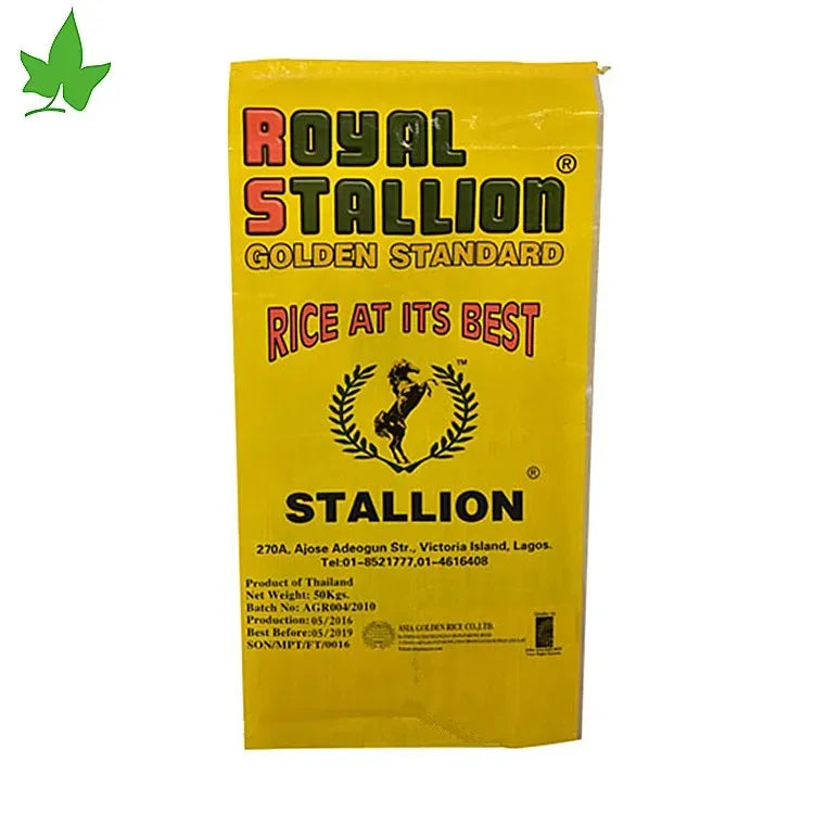 Yellow rice packaging bag with Royal Stallion Golden Standard print and barcode area
