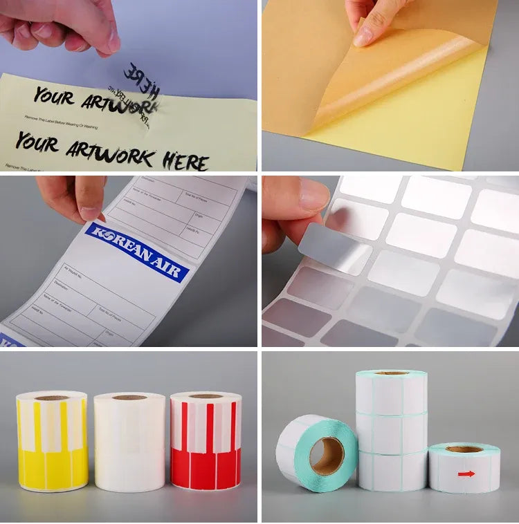 Adhesive sticker rolls and printed label samples on paper and plastic film