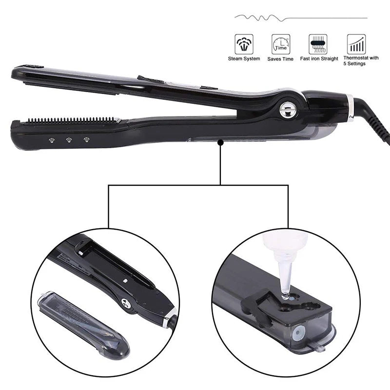 Black steam hair straightener with comb attachment, 5 heat settings, and refillable water tank for salon-style results.