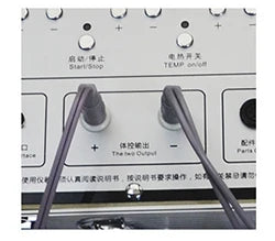 DDS bio-electric body therapy device console with dual output cables, temperature controls, and buttons for home use.