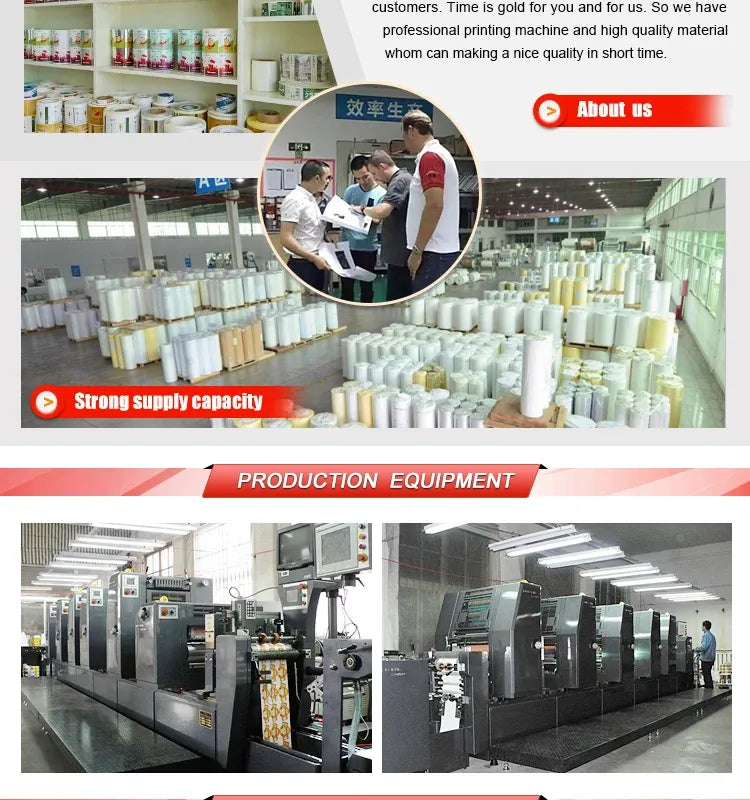 Factory overview infographic with circular photo and supply capacity badge