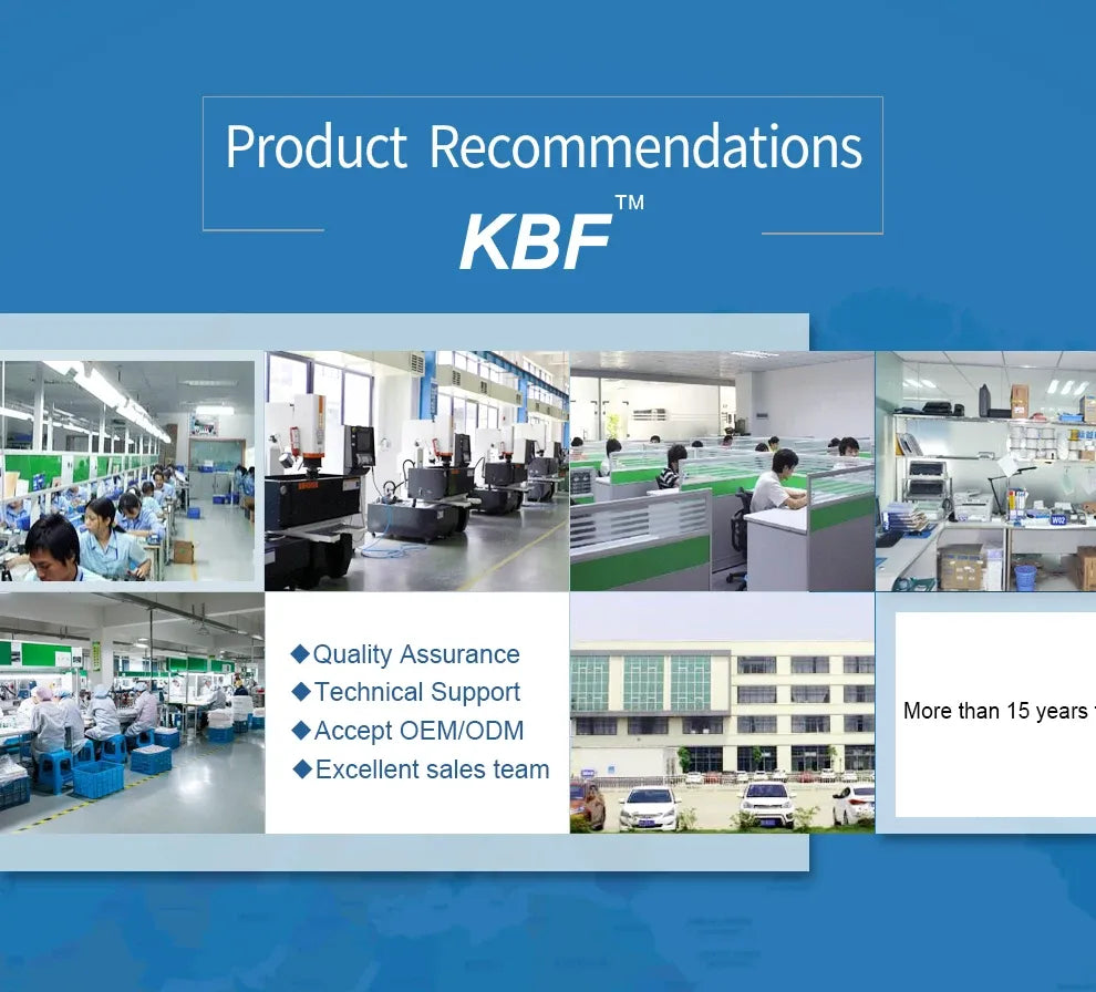 Product recommendations slide with KBF logo and facility/office photos for label tape